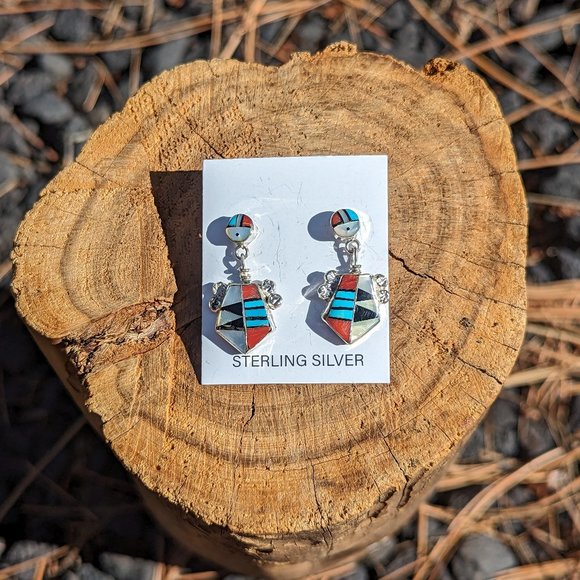 Zuni Earring Multi Stones Sterling Silver Inlay‎ Native American Jewelry *** - Picture 2 of 8
